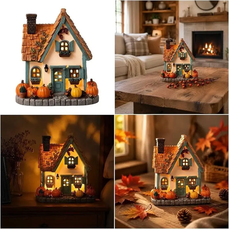 A27F-For Bookshelf Table Nightstand Room Accent Pumpkinhouse Light, Resin Cottage Figurine Featuring LED Pane Glow And Fall B