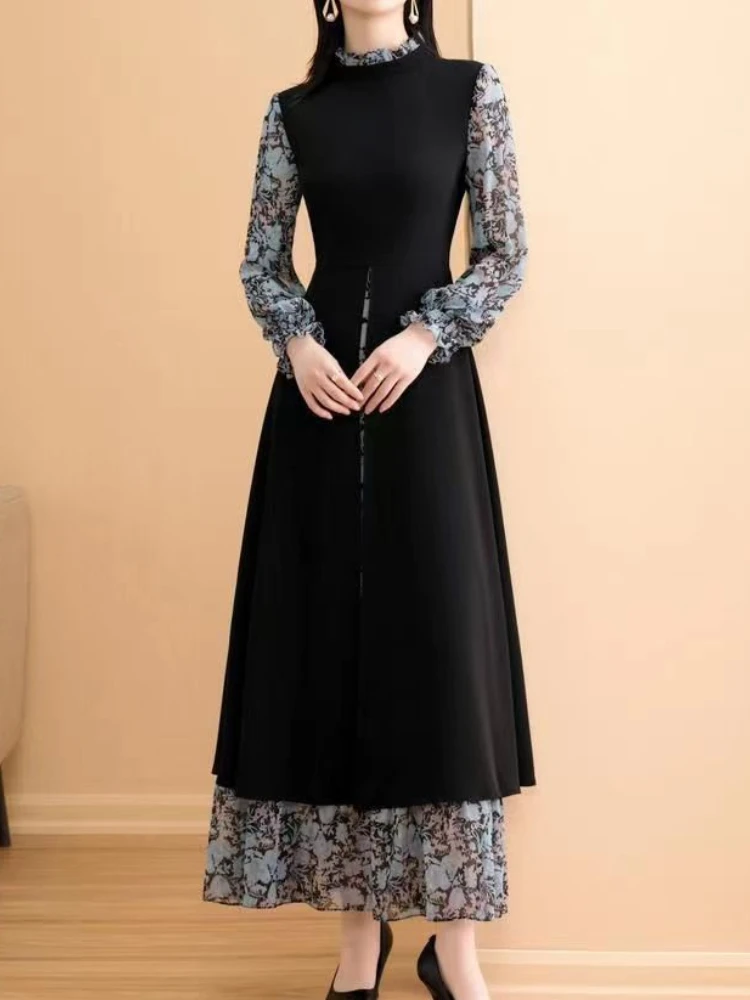 Vintage vestidos de manga longa moda feminina versátil projetado floral famoso senhoras roupas projetado temperamento suave estética ins