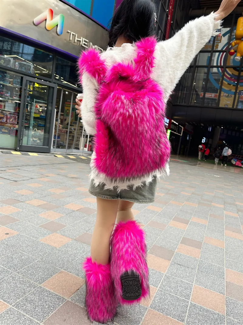 2023 NEW FASHION Y2K Faux Fur FOR Women Backpack Solid Soft Fleece Knapsack Harajuku Style Winter Ladies Bag