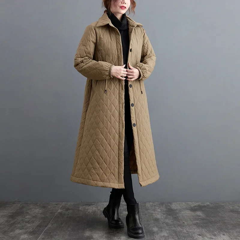 Women's Winter New Quilted Cotton Cardigan 2023 Fashion Long-sleeved Stand-up Collar Solid Color Wild Literary Retro Long Coat