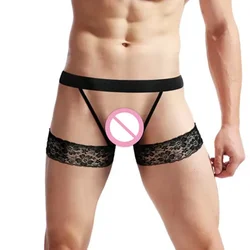 Backless Slipje Mannen Sexy Ondergoed Kant Jarretellegordel Tonen Butt Billen Thong Shorts Erotische Hombre Mannelijke Lingerie Gay