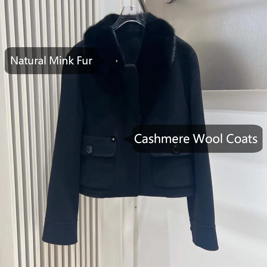 여성용 겨울 코트 럭셔리 리얼 캐시미어 코트 천연 밍크 퍼 칼라 고품질 패션 롱 울 블렌드 코트
