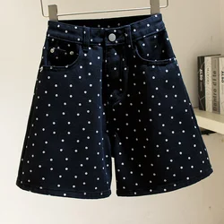 Black Polka Dot Denim Shorts for Women in Summer New Hot Girls High Waist Slimming Versatile Large Size Wide-leg Straight Pants