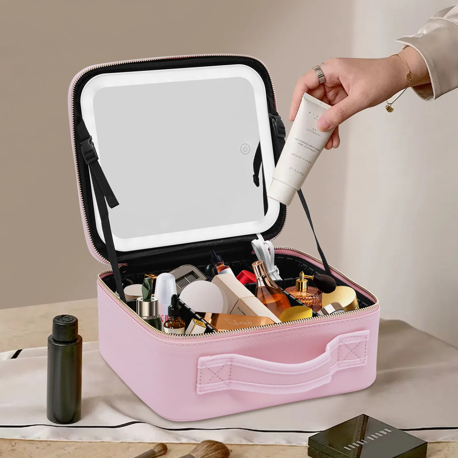 Makeup Case with Large Lighted Mirror 3 Color Scenarios Adjustable Brightness Large Cosmetic Organizer Storage Adjustable
