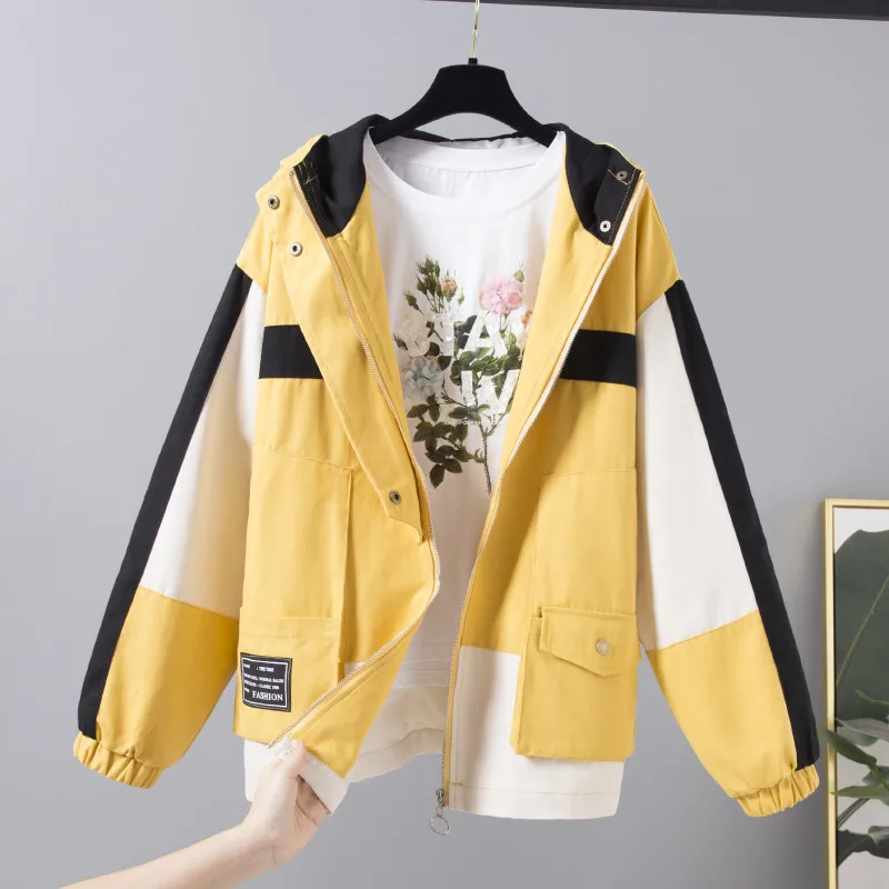 

Nice New Women Jacket Long Sleeve Casual Hooded Jackets Ladies Vintage Patchwork Windbreaker Female Harajuku Bomber Outerwear