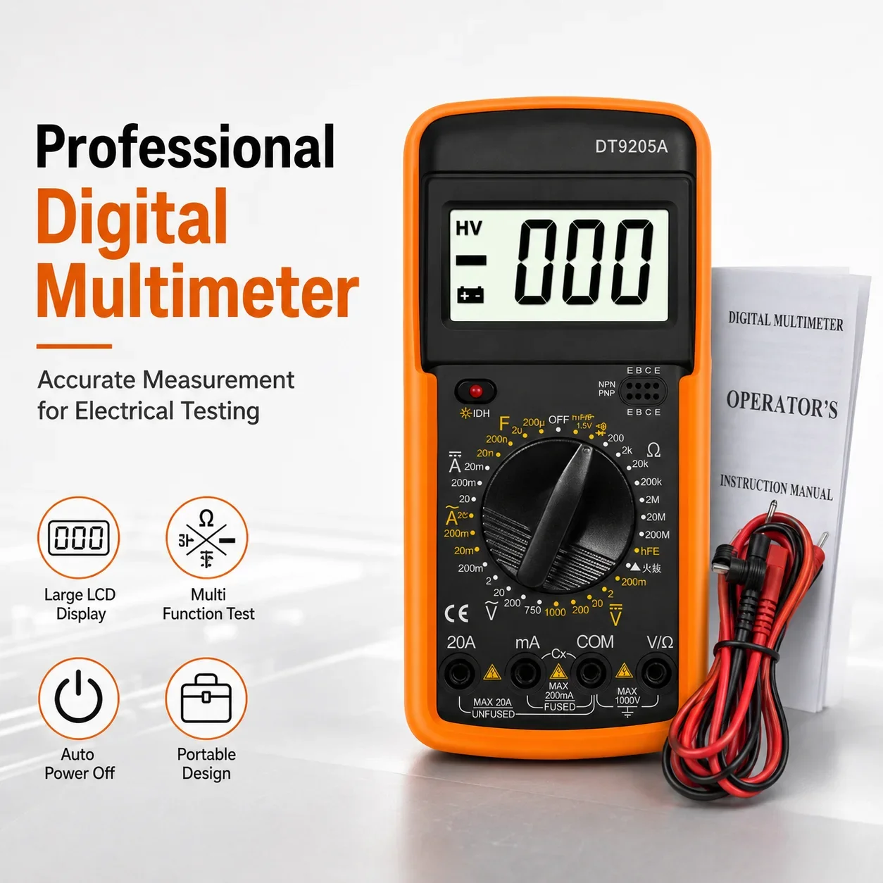 Image of DT9205A Digitales Multimeter mit automatischer Messbereichswahl, Handmessgerät mit Testleitungen, Batterie im Lieferumfang enthalten, AC/DC-Spannung, Strom, Widerstand, Dioden-, Durchgangs- und
