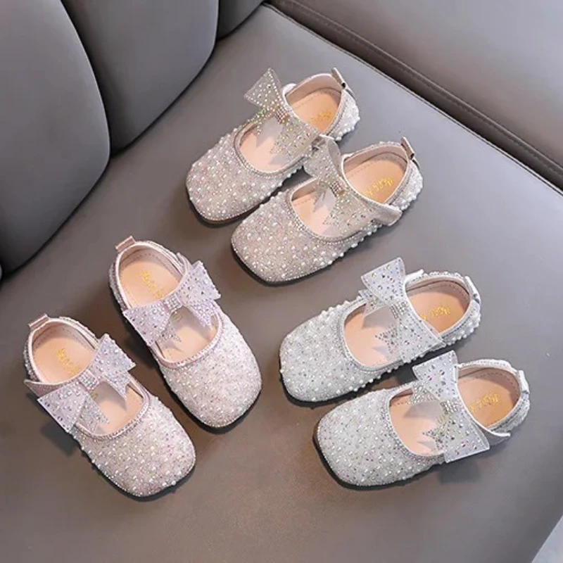 

Girls Summer Princess Shoes Child Rhinestone Velcro Shoes Womans Bow Square Toe Performance Sequin Pearl Solid Color Dance Shoes