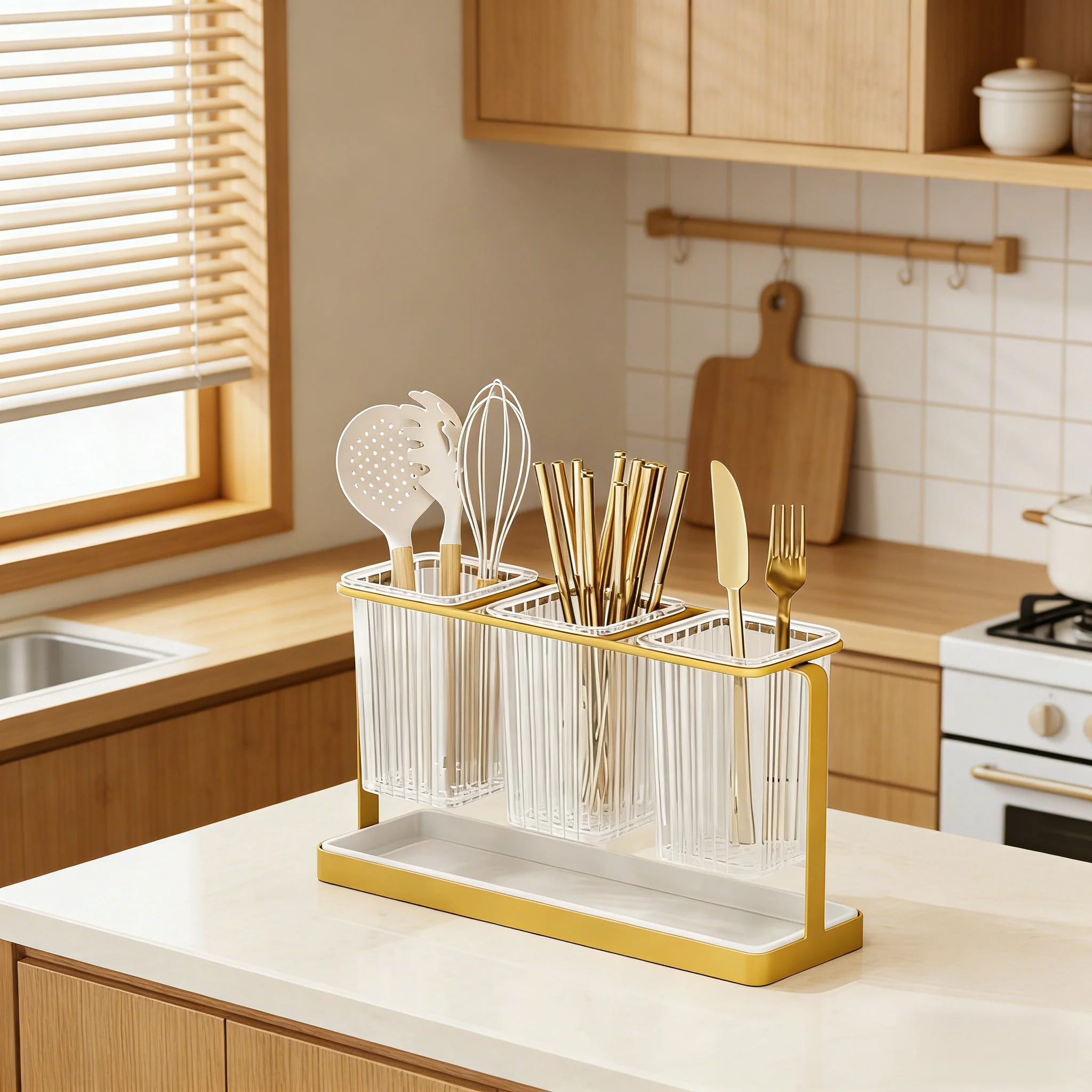 

Gold Desktop Cutlery Organizer, 3-Slot Iron Storage Rack for Knife Fork & Chopsticks