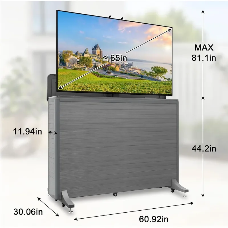 High-Grade Wood-Plastic Composite Outdoor TV Lift Cabinet Mobile TV Stand on Wheels Weatherproof Motorized TV Lift Stand