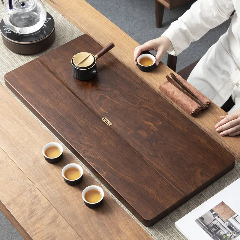 Solid Bamboo Tea Tray One-Piece, Dry & Wet Drainage Board with Rosewood Pattern, Home Water Storage Serving Tray for Living Room