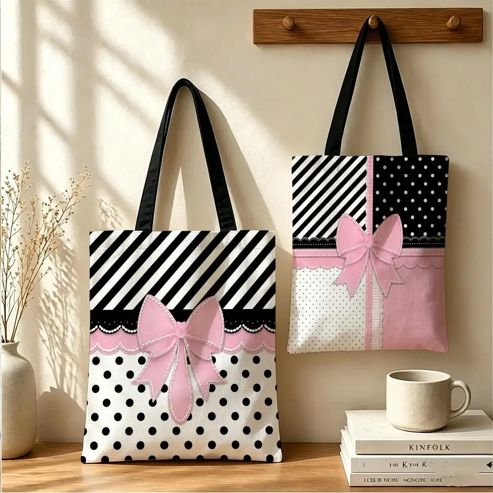 Sweet Pink Bow Polka Dot Storage Bags Large Capacity Canvas Tote Bag Double-Sided Print Shoulder Handbag for Daily Shopping