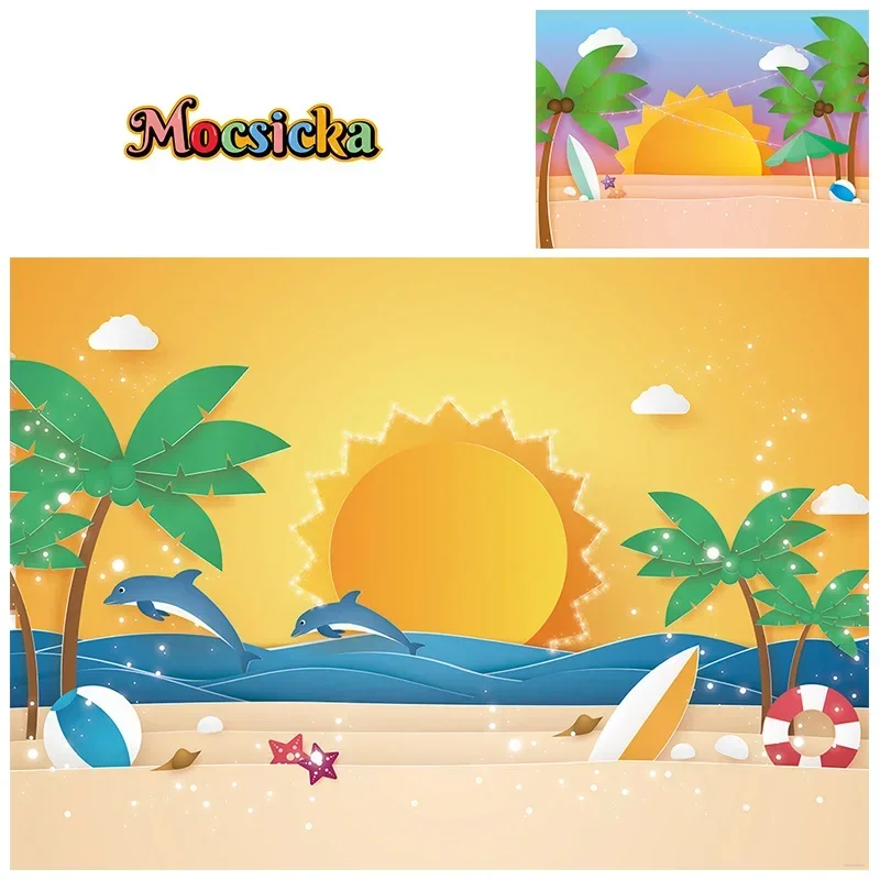 Mocsicka Summer Photography Background Beach Palm Tree Dolphin Seaside Sunset Party Backdrop Adult Kids Birthday Portrait Banner