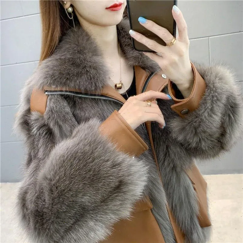 Winter New Imitation Fox Fur Coat Women's Korean Short Fashion Patchwork Leather Jacket High End Thicken Warm Plush Overrcoat