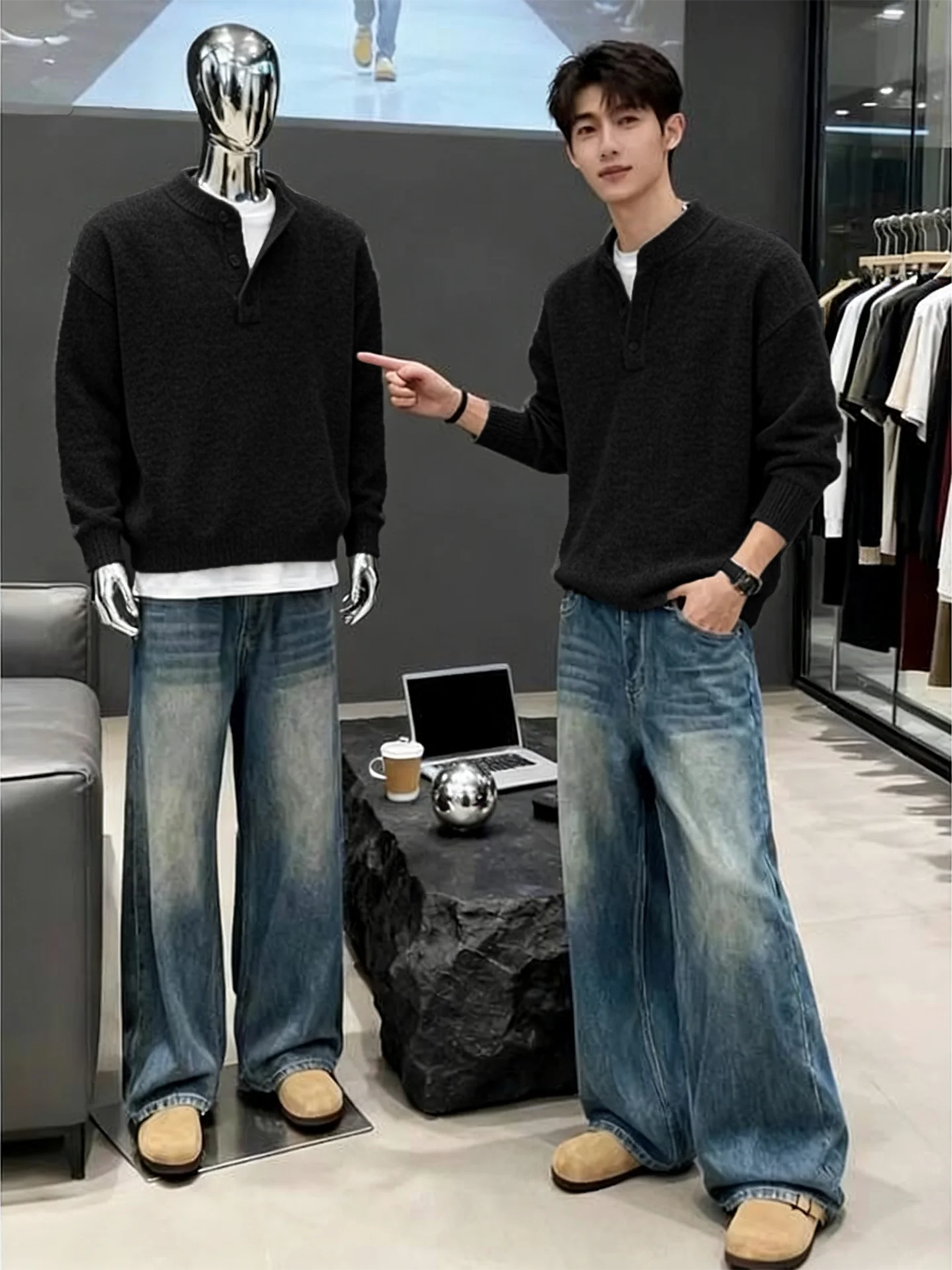 

American Sle Thiened Henry Collar Ne Knitwear Bla Men's Autumn Winter Outerwear Soft Comfortable Loose Fit Long ...