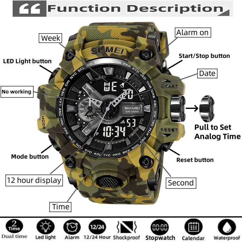Skmei Shockproof Military Sports Watches for Mens Fashion Dual Time Zone Big Size Dial Led Chrono Waterproof Alarm Clock Male