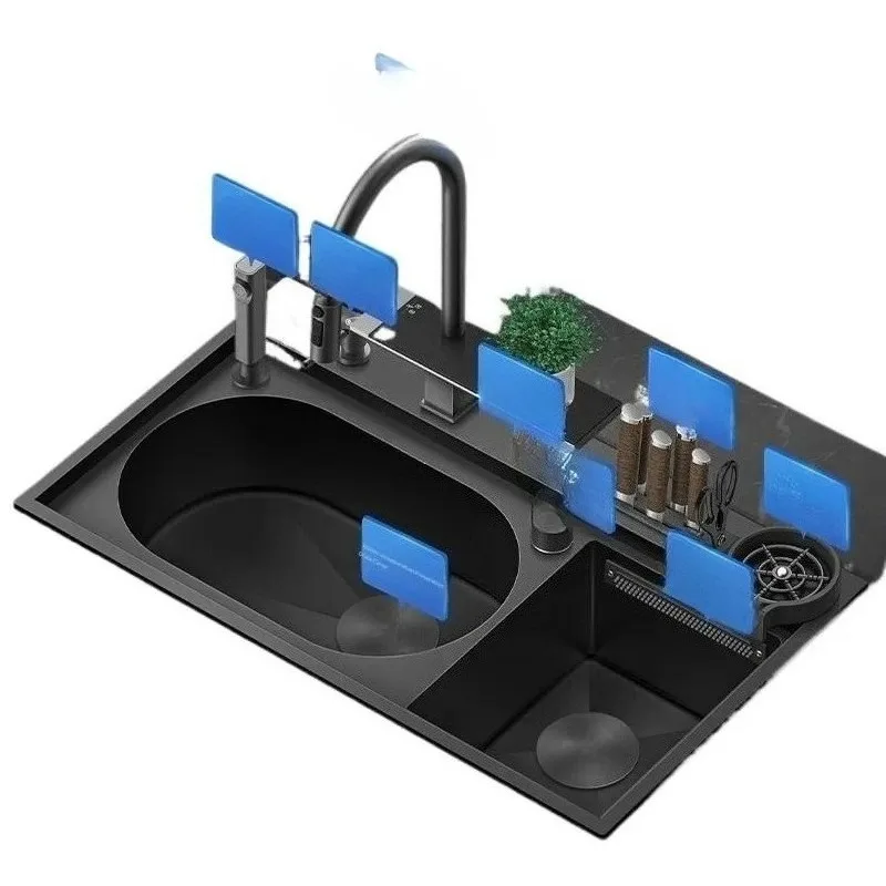Handmade Large Black 304 Stainless Steel Double Kitchen Sink Square Rain Waterfall Vegetable Basin Two Holes