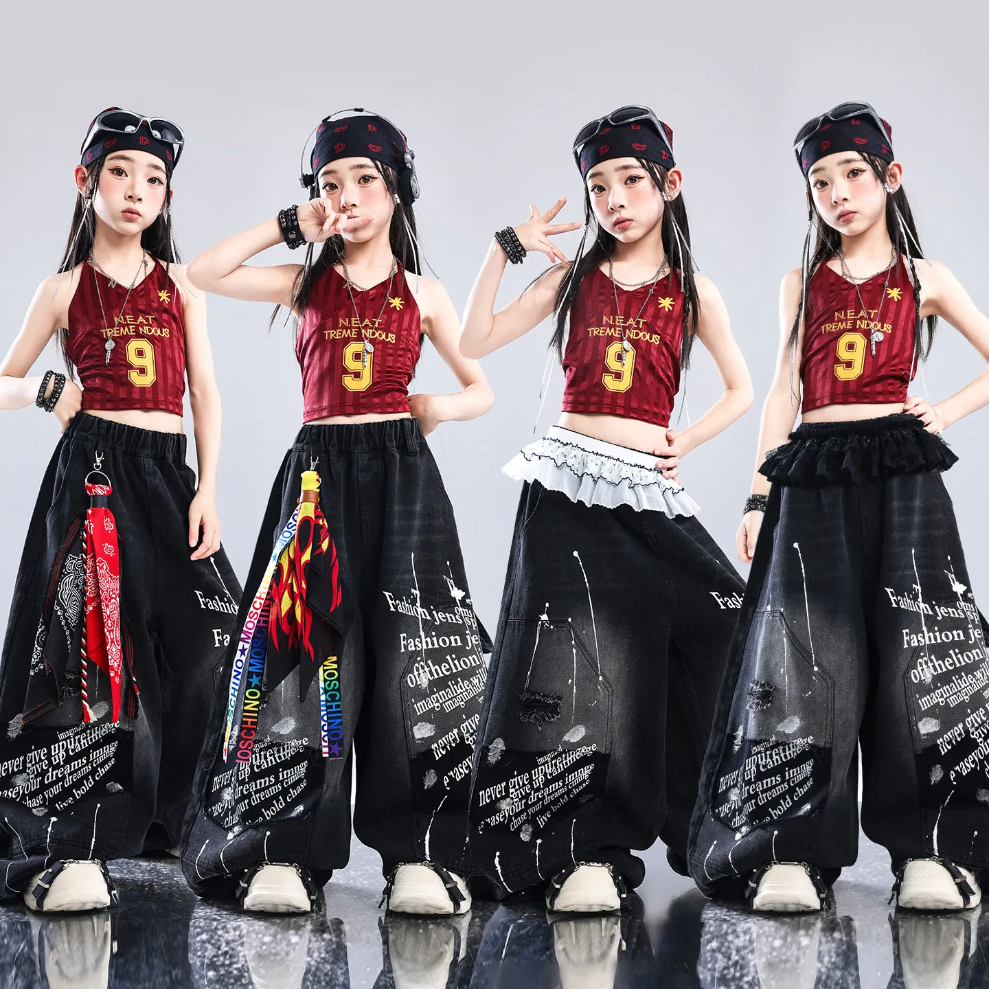 Trajes de actuación de baile Hip Hop para niños, trajes de escenario para niñas, chaleco rojo, pantalones sueltos, trajes de baile de Jazz moderno, ropa Rave DQS23729