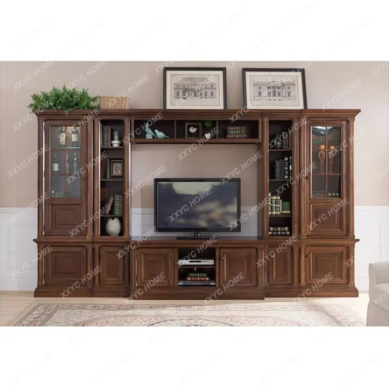 XXretro solid wood TV cabinet full wall living room high floor background wall storage bookcase