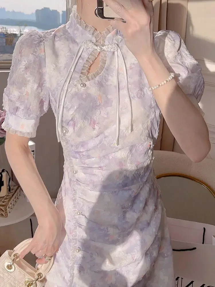 

Китайское улучшенное стильное платье Cheongsam Qipao с короткими рукавами, женское новое летнее повседневное вечернее платье 2023, вечернее платье