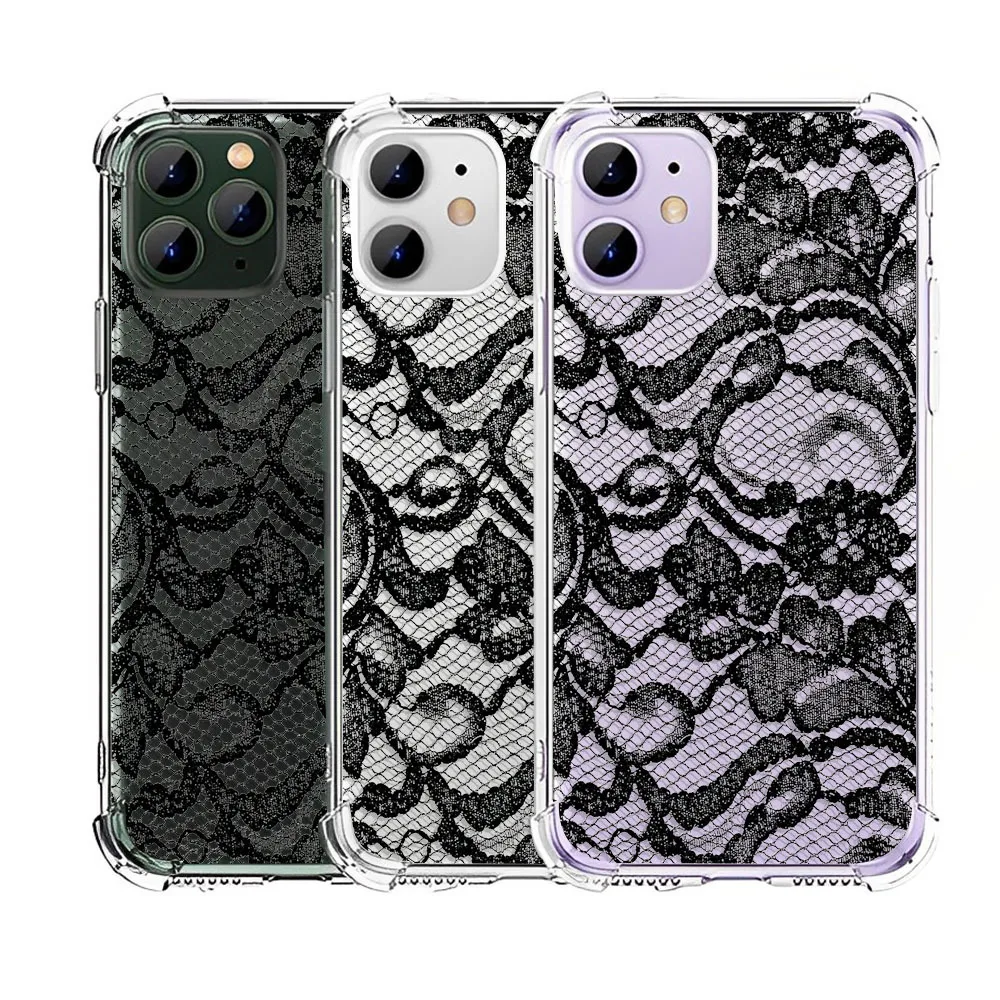 Black Lace Pattern Phone Case For iPhone 15 14 13 12 11 Pro X XS XR Max 7 8 Plus SE 2 3 Mini Soft Clear TPU Shockproof Cover