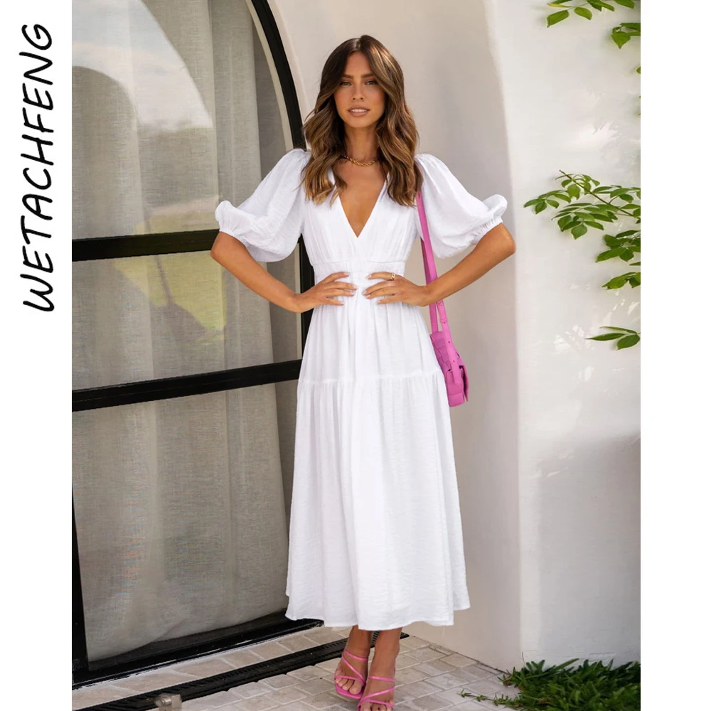 Donne Maxi Abiti Bianchi 2023 Estate Sexy Profondo Scollo A V Manica A Soffio Piega Boho Abiti Lunghi Vacanza Femminile Beach Party Elegante Veste