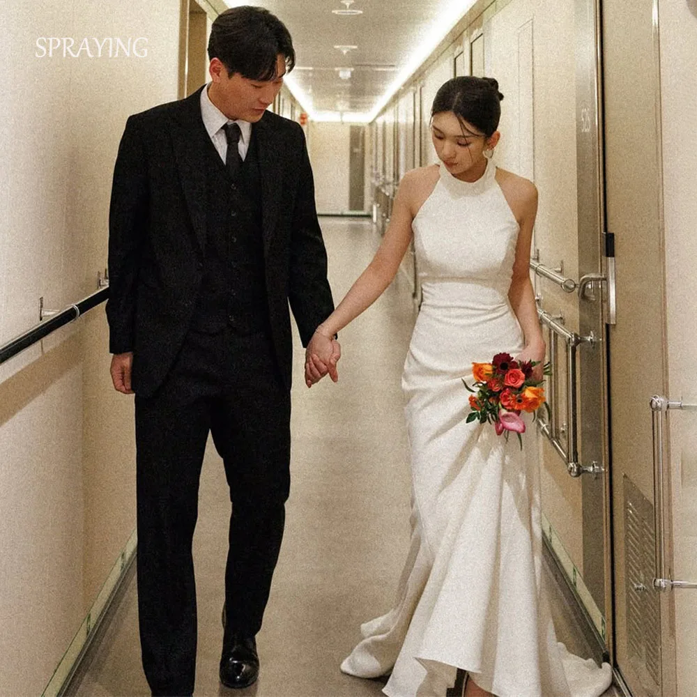 

SPRAYING Elegant Ivory Mermaid Wedding Dress Korea Photo Shoot Halter Sleeveless Long Bridal Gowns Corset Customized 웨딩드레스
