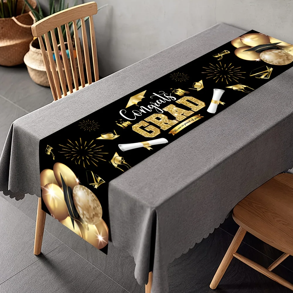 2026 Graduation Table Runner - Black and Gold Class of 2026 Glitter Stars Decorative Cover for Ceremony Party