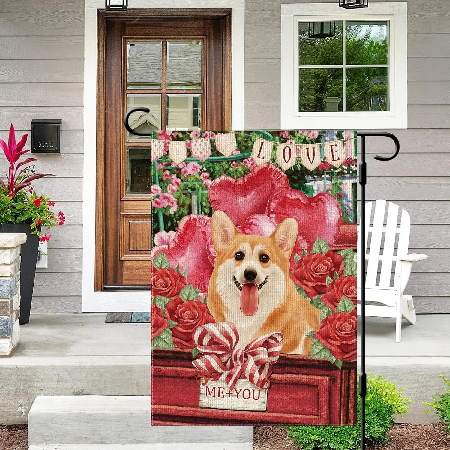DLZDN Valentines Day Dog Garden Flag Corgi Love Heart Rose Flag 12×18 Inch Double Side Vertical Burlap Farmhouse Yard Sign H IIC