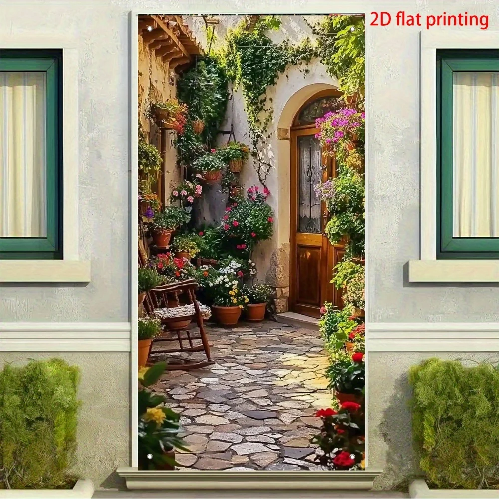 2D flat banner door curtain festival decoration, 2D party background, 1 piece of polyester, vivid floral and SLATE path design