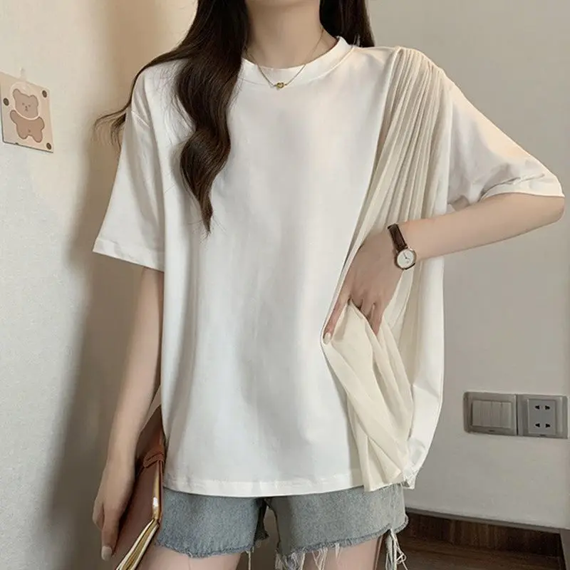 Korean Large Size Summer Women Contrasting Colors Pleats Chiffon Patchwork Short Sleeve Round Neck Loose Office Lady T-shirt