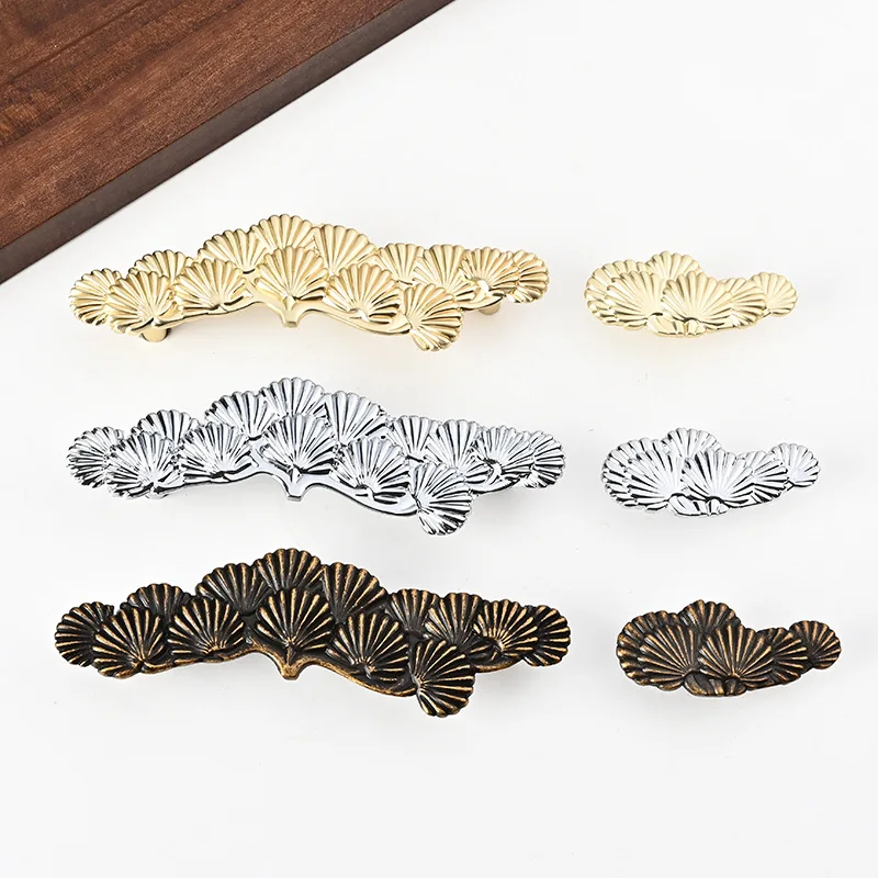 WV Brass Brushed Zinc Alloy Double-Hole Drawer Handle Vintage Pine Leaf Style Cabinet Door Pulls Small New Chinese Design