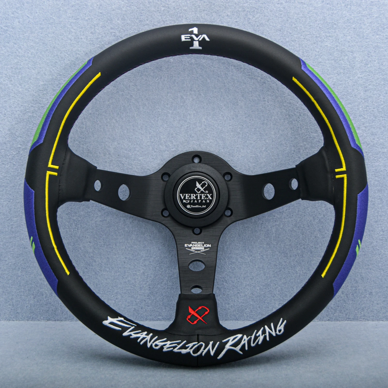 New 13Inch JDM Vertex x Evangelion EVA Racing Sport Leather Steering Wheel with Embroidery Car Accessories