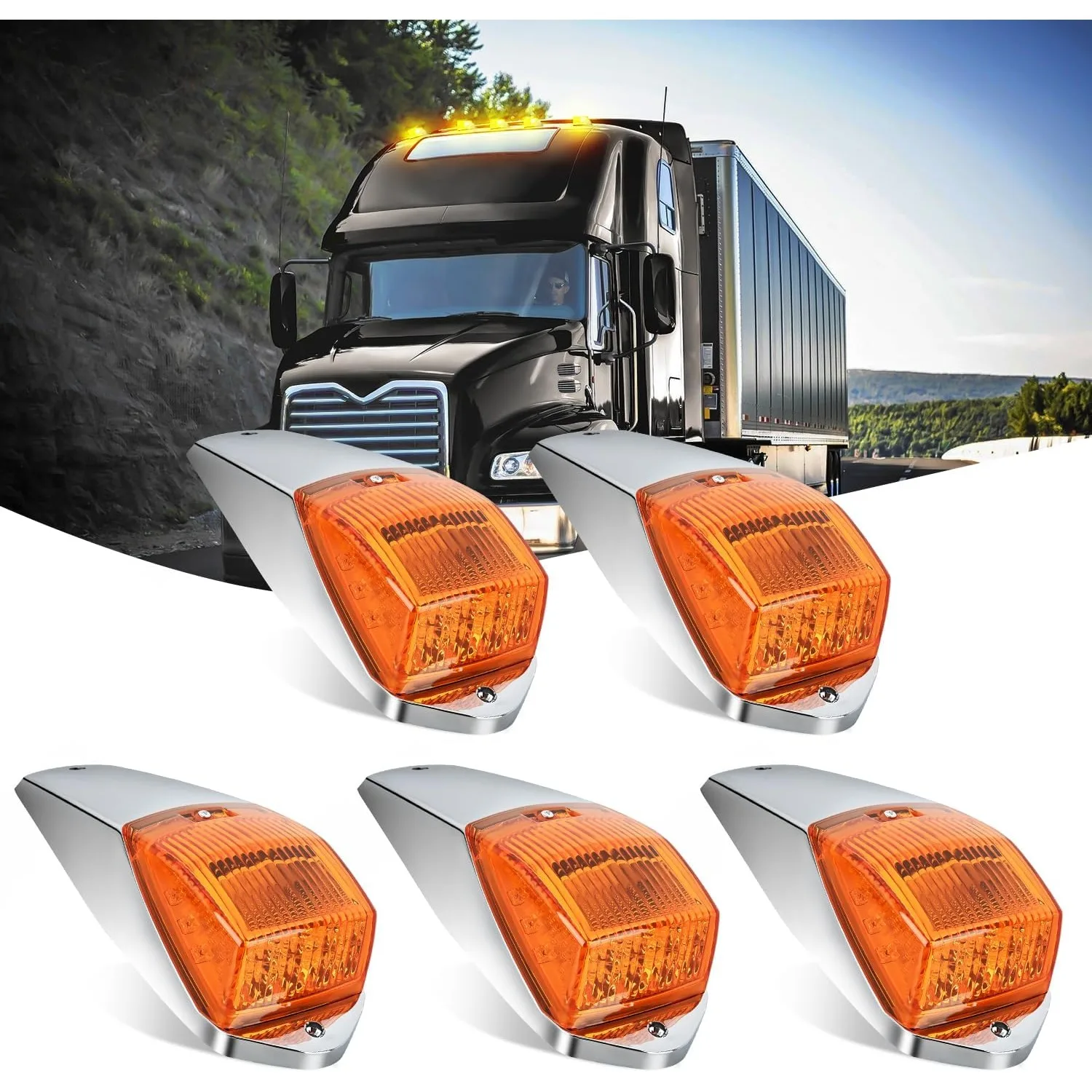 Nilight Cab Roof Marker Light 5 PCS 17 LED Amber Top Clearance Lights Waterproof Surface Mount Compatible with Mack Kenworth Freightliner International ProStar/Lonestar