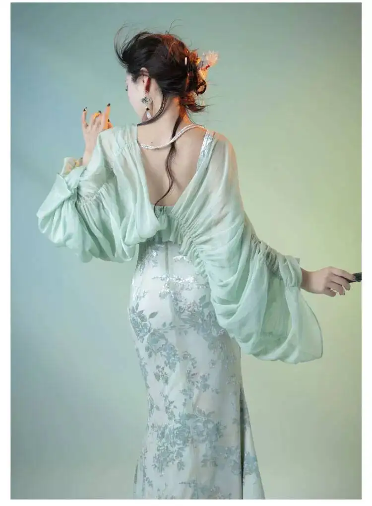 New Chinese Style Batwing Sleeve Powder Green Blue Chiffon Versatile Sunscreen Sun Protection Jacket Cheongsam view 6