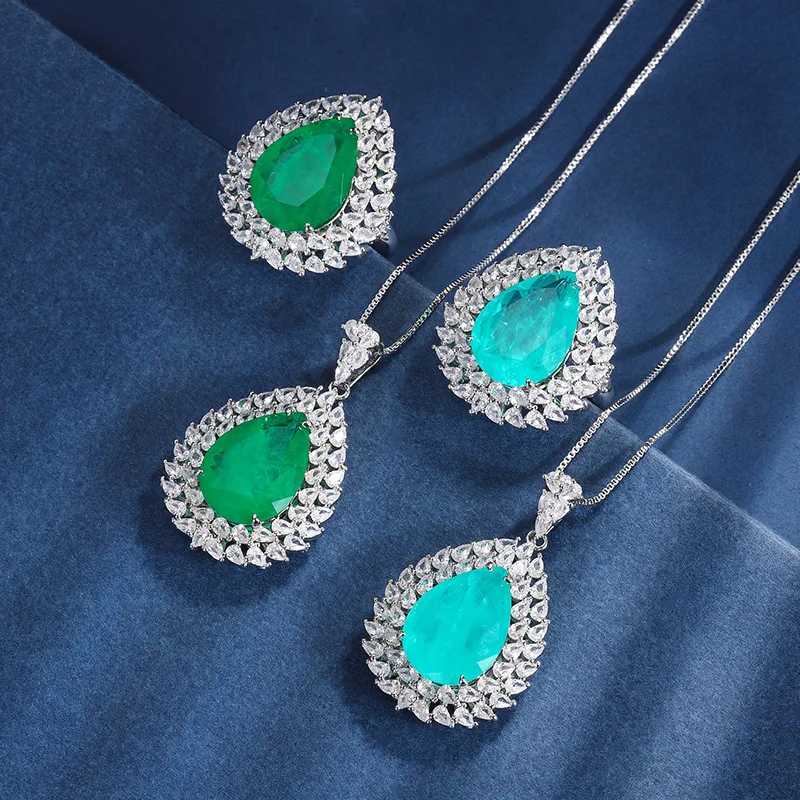 

Jewelry Gold-Plated European and American Style Set with Colorful Gemstone Water Drop Pendant and Ring Set 13*18
