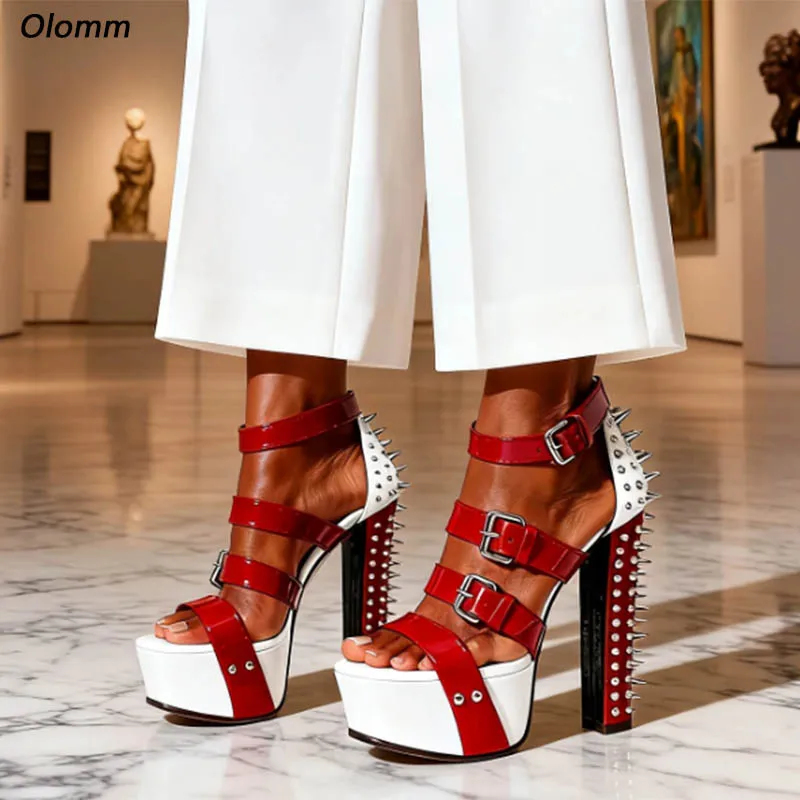 

Olomm Красные лакированные кожаные туфли на платформе с шипами — туфли-лодочки ручной работы с шипами — готическая женская обувь на платформе, большие размеры США 5–20