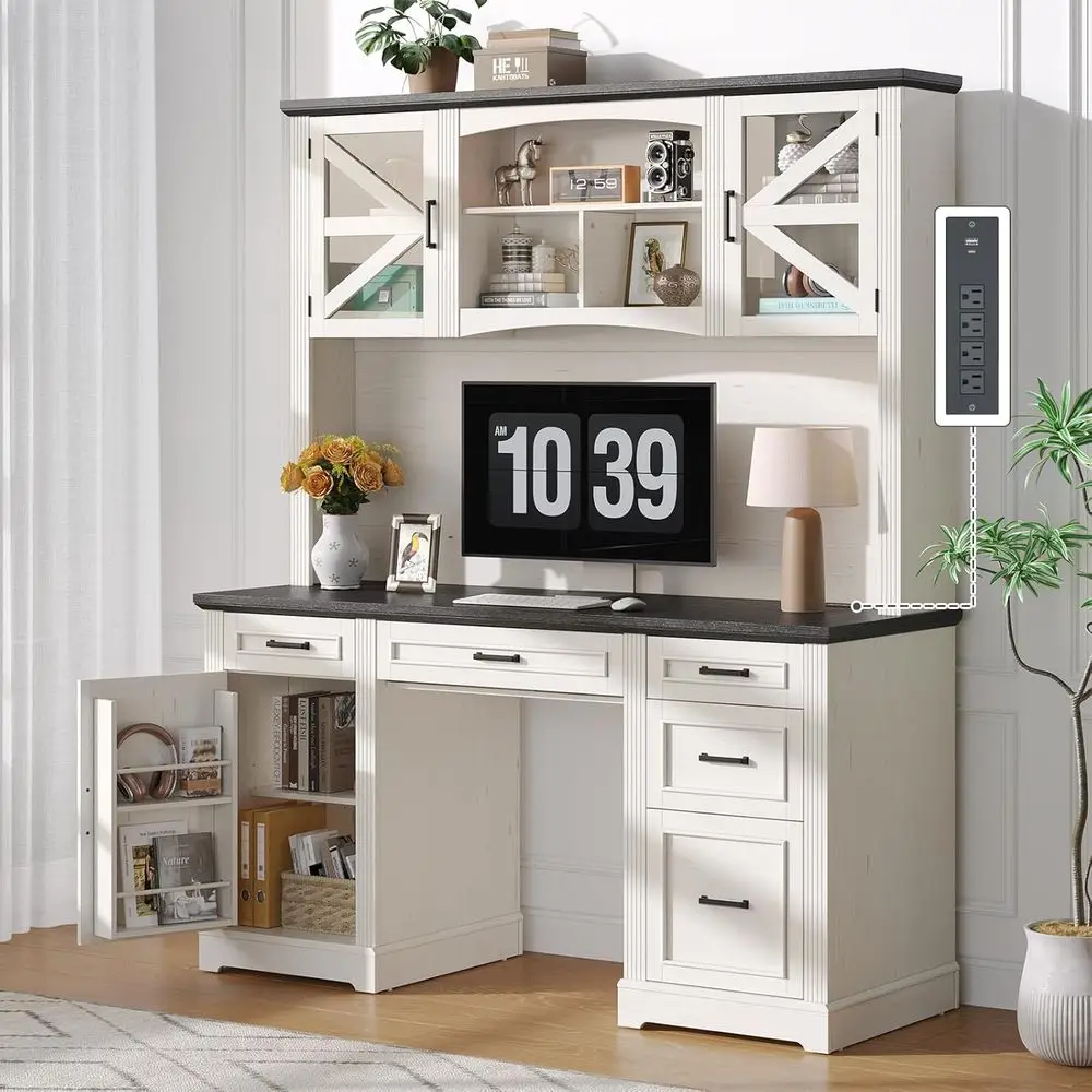 

72" H armhouse Executive Desk with Hutch, Oice Desk, Computer Desks with Charging Station, Computer Workstations with 5 Ders and