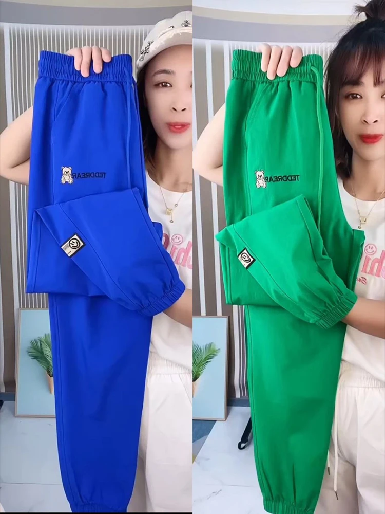 Wiosna Lato Nowy Kolor Szybkoschnące Spodnie Dresowe Cienkie Białe Haremki Damskie Luźne Elastyczne Spodnie z Gumką w Pasie Modne Uniwersalne