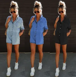 Women Summer New Lapel Short Sleeve Shorts Denim Bodysuit Playsuit Shorts Pants Solid Color Sexy