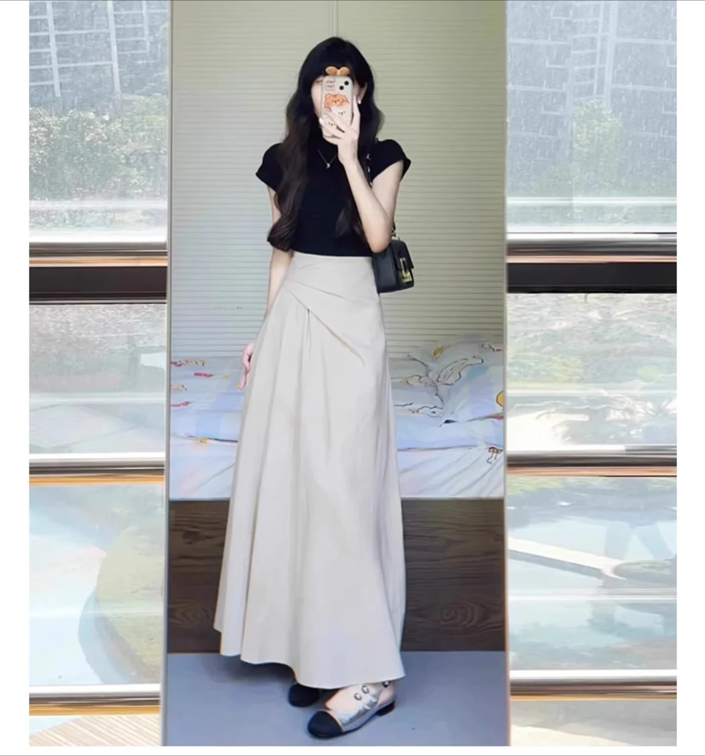 Women's New Summer High-Waisted Skirt 2026 Fashion Long A-Line Skirts Female Drapey Loose Elegant Solid Color Skirt C48