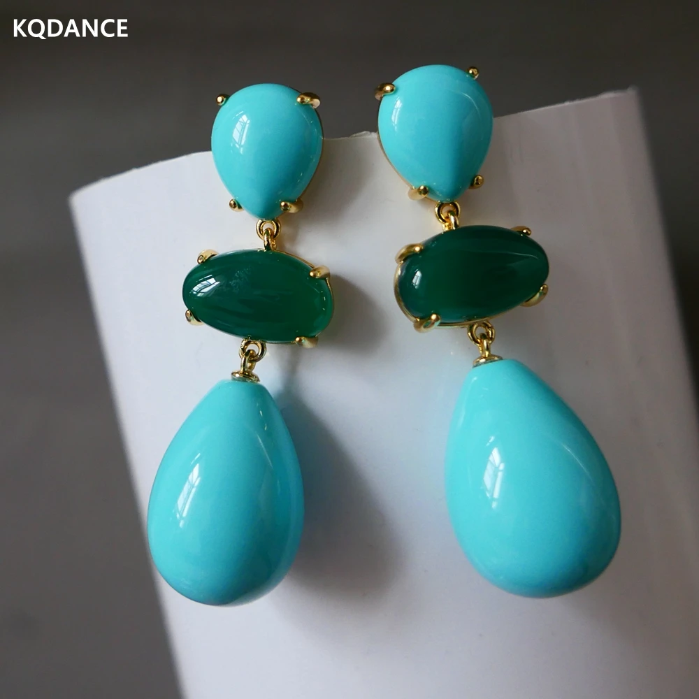 

KQDANCE Long Large Green Agate Tear Drop Blue Turquoise Earrings with 925 Silver Needle Natural Stone Jewelry Wholesale New