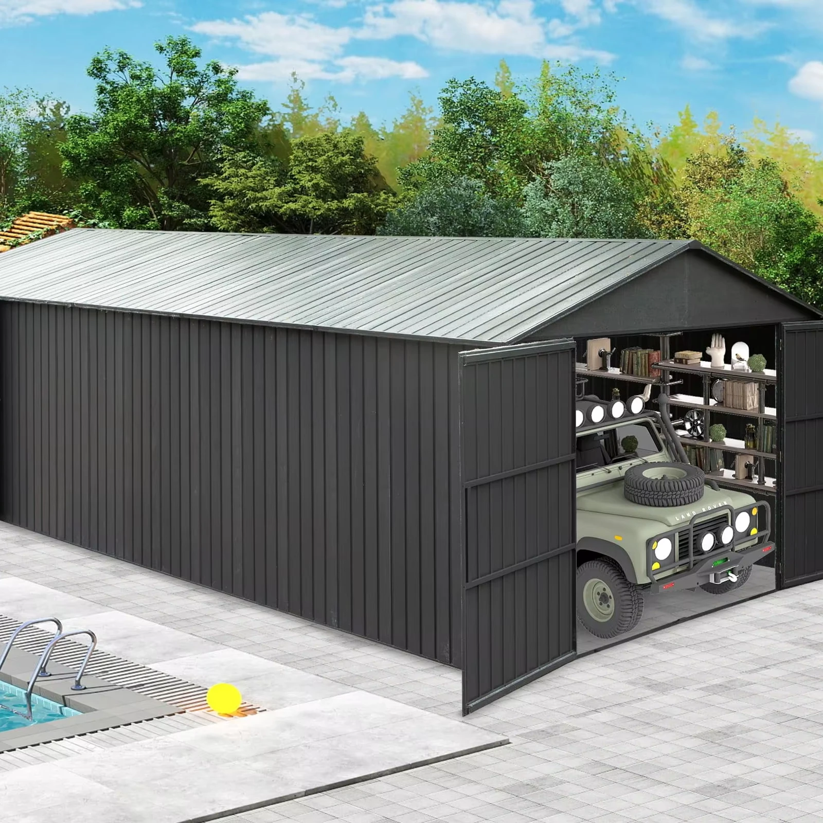 12X25FT outdoor heavy duty metal garage shed with lockable double hinged door oversized carport