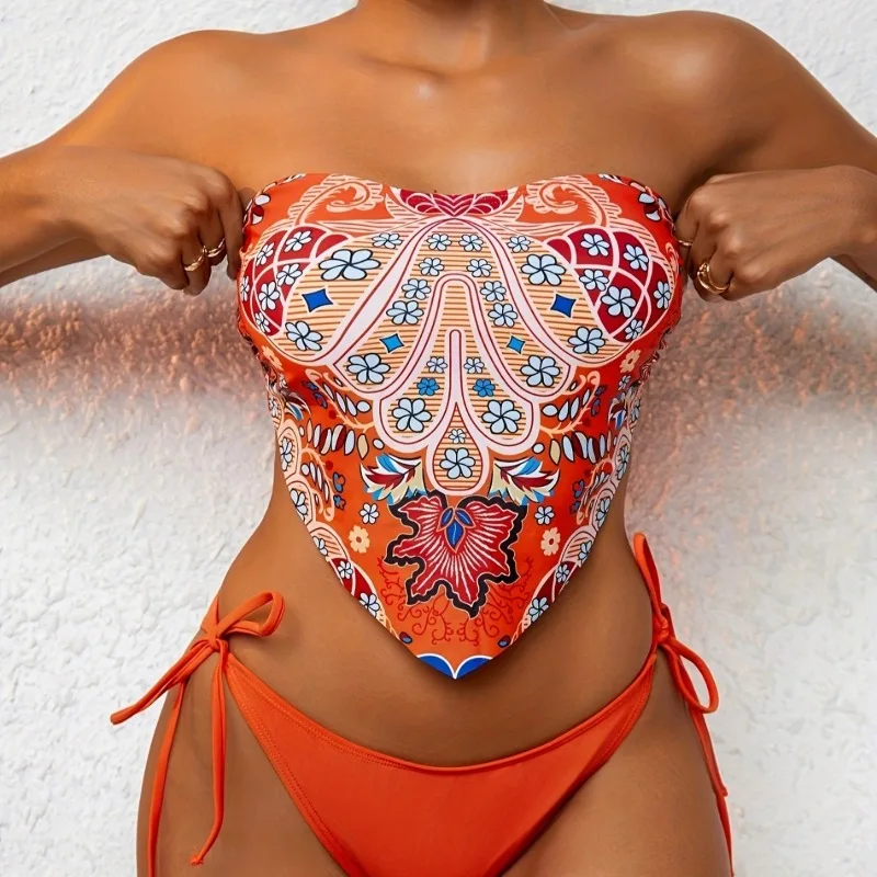

2025 бикини с принтом, женские купальники-бандо, купальник с открытой спиной и лямкой на шее, микро купальный костюм, женские стринги из двух частей, летняя одежда для плавания