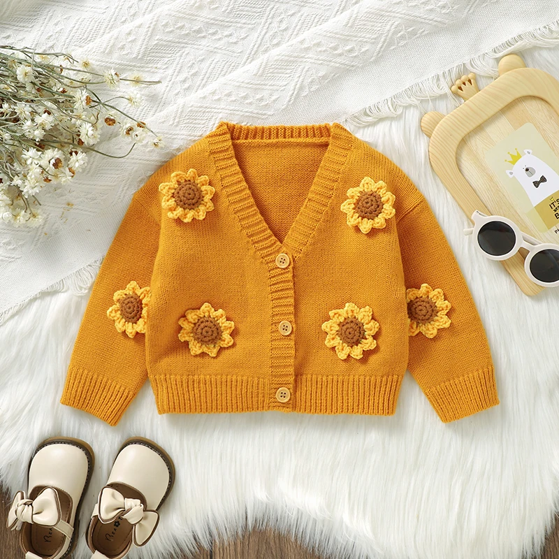 Baby Sweaters Fashion Cute Sunflower Knit Infant Children Clothes Long Sleeve Newborn Girl Cardigan Autumn Tops Winter Outerwear