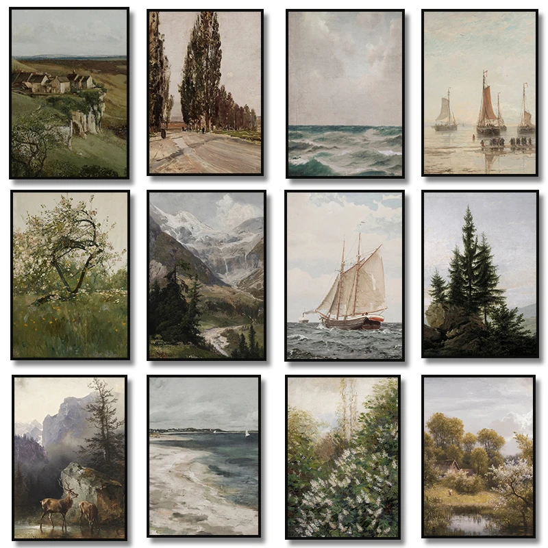 Póster de cielo de ciervo y bosque de paisaje de país europeo, retrato impreso artístico Vintage, pintura en lienzo de velero, imagen de pared, decoración de habitación