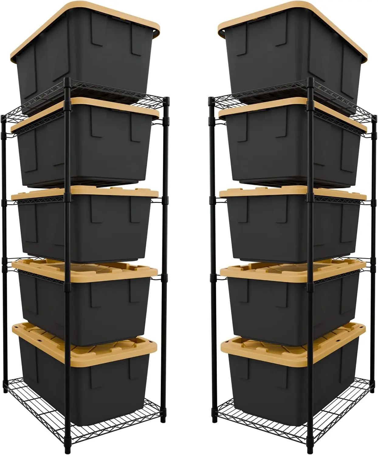 5 Tier Steel Storage Tote Rack, Heavy Duty Utility Bin Organizer Stand For Garage Pantry Basement Warehouse, Freestanding Space Saving Container Holder, Modern Style, Black, 2 Pack