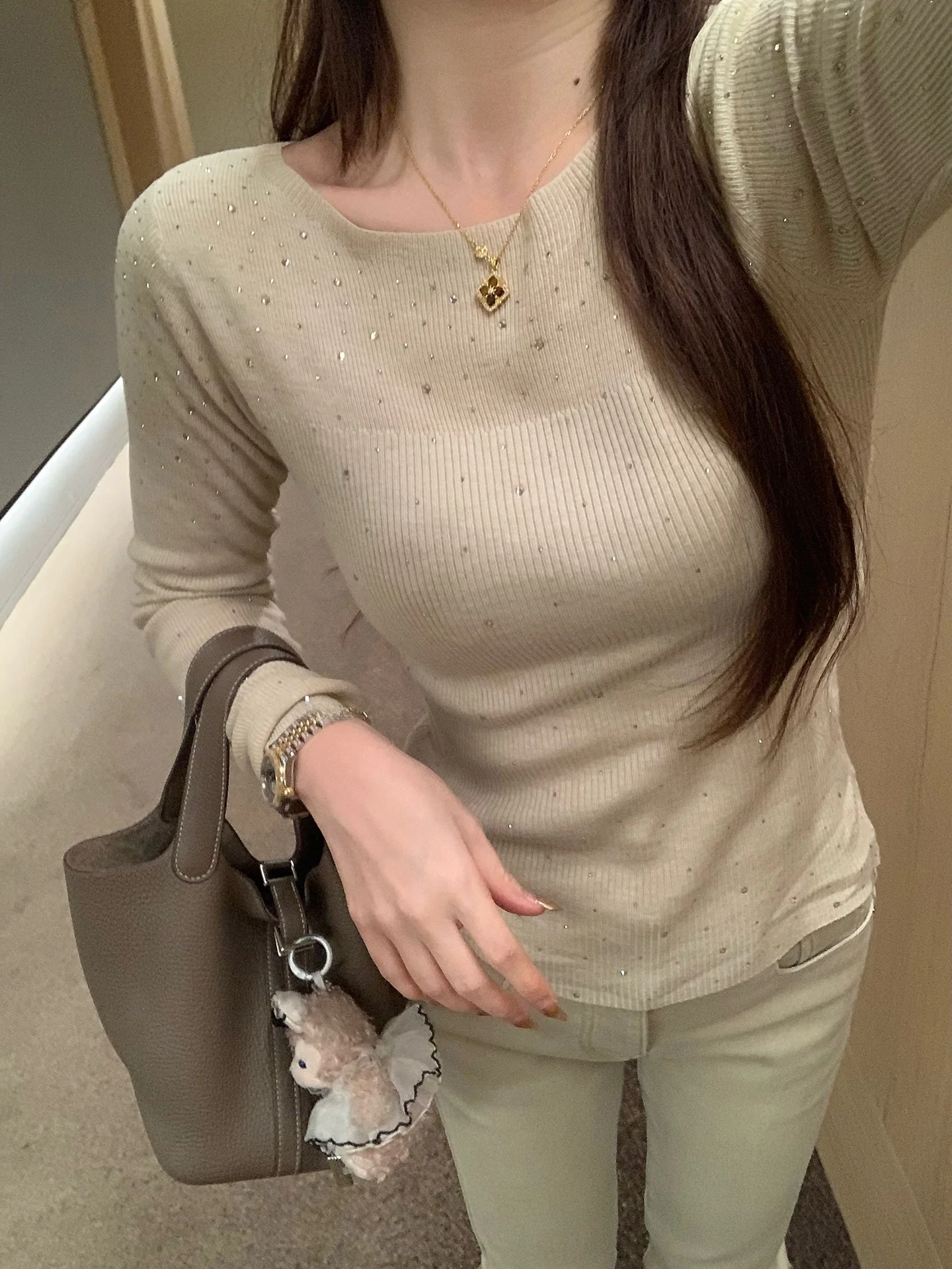 

Корейская футболка Sle round Ne Long Sve с ромбовидными шипами, облегающий повседневный топ, женский влажный ng, стандартная длина