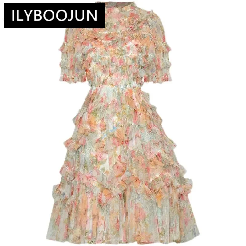 

ILYBOOJUN Fashion Runway dress Summer Women Dress Short sleeve High waist Ruffles Elegant Ladies Holiday Beach Party Vestidos