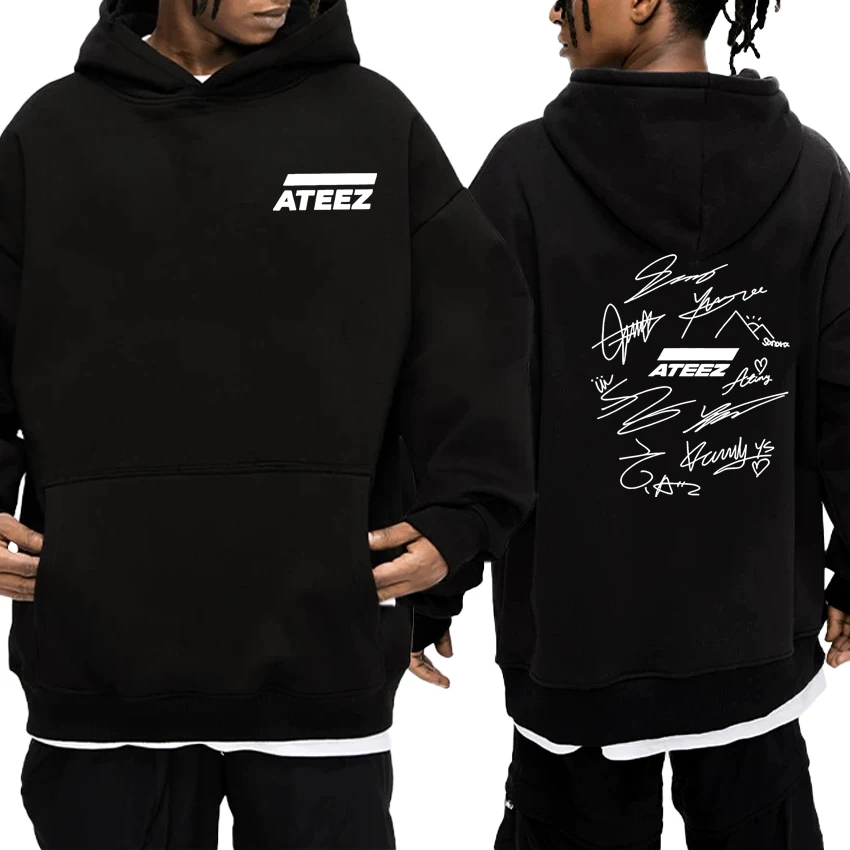 

Hot ATEEZ World Tour with Band Member Signatures & Geometric Back Double Sided Print Hoodies Men Women Fleece Sweatshirt Unisex