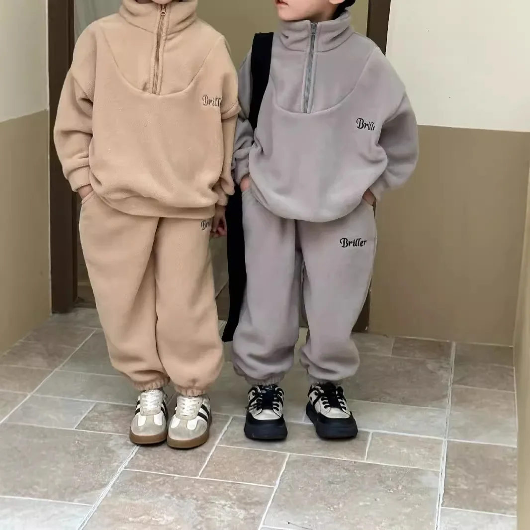 Autumn Winter Baby Kids Fleece Tracksuit Boys Girls Velvet Sweatshirt and Pants Two Piece Sets Children Sports Set